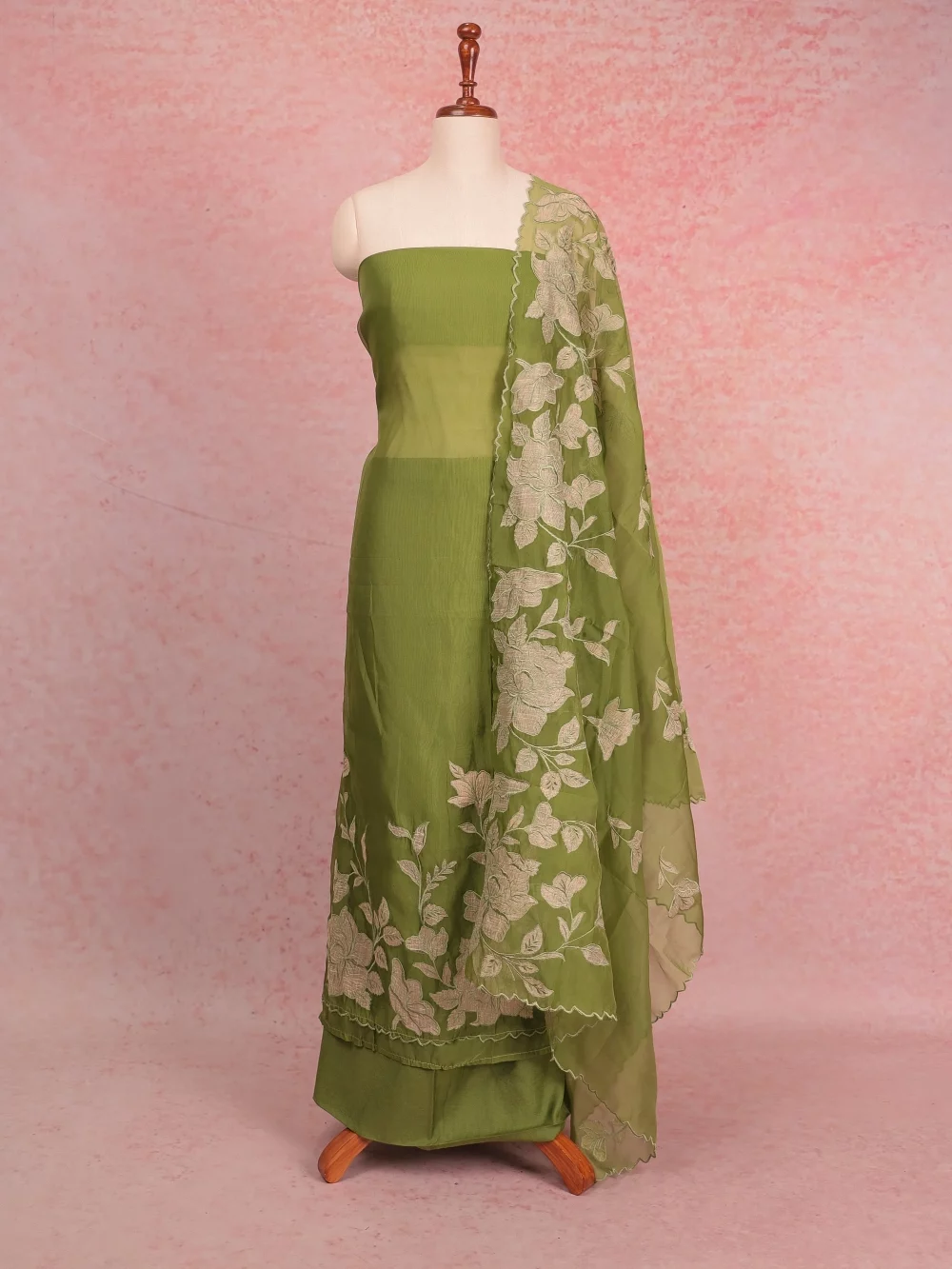 Green Organza Applic Work Unstitched Churidhar Material