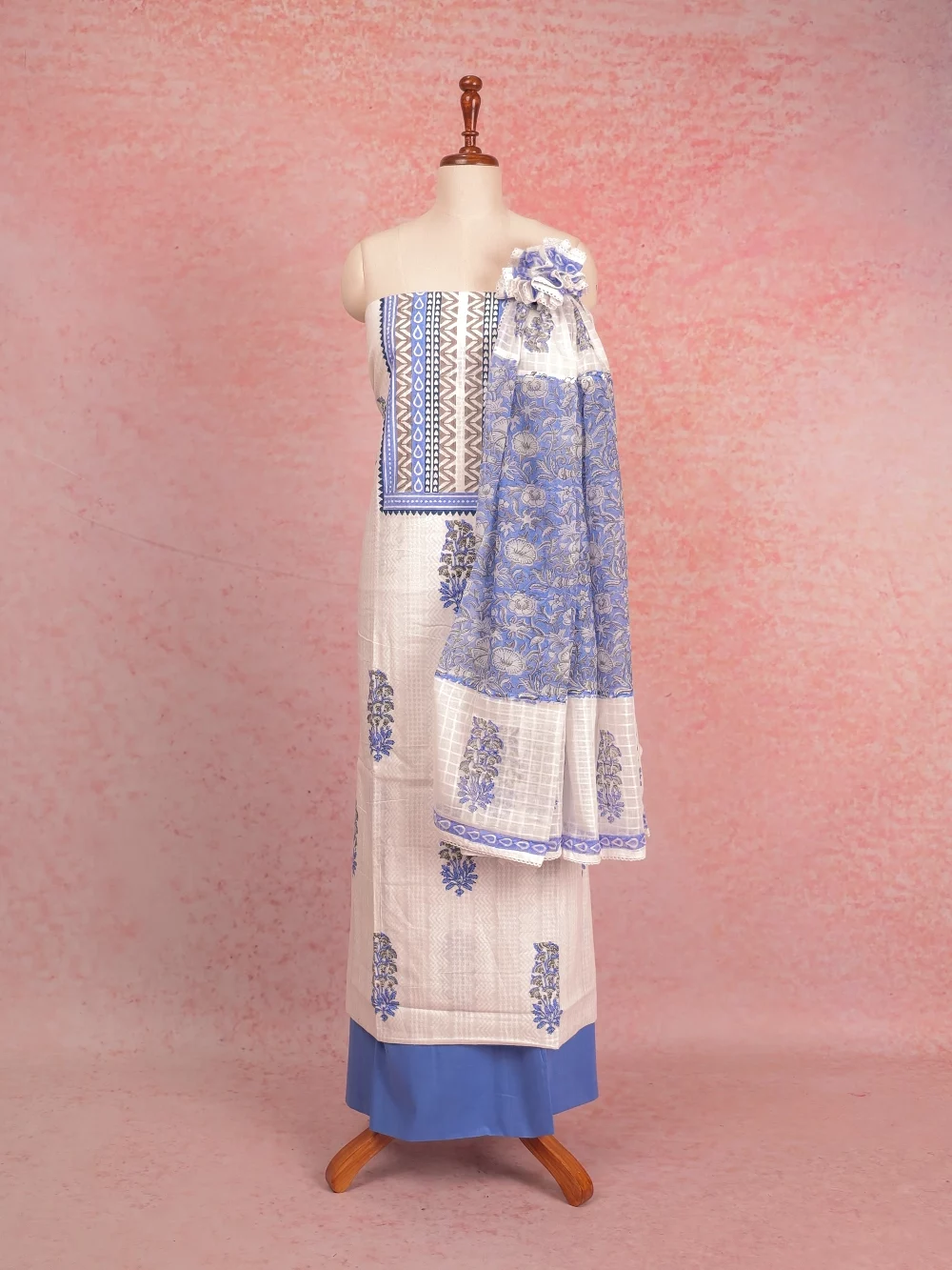 White Cotton Printed Unstitched Churidhar Material