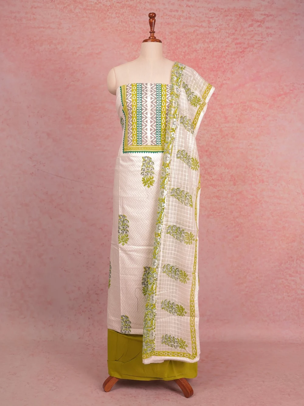 White Cotton Printed Unstitched Churidhar Material