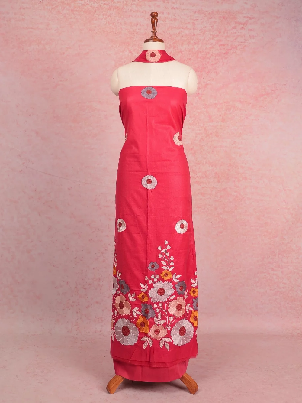 Onion Pink Semi Silk Embroidary Unstitched Churidhar Material