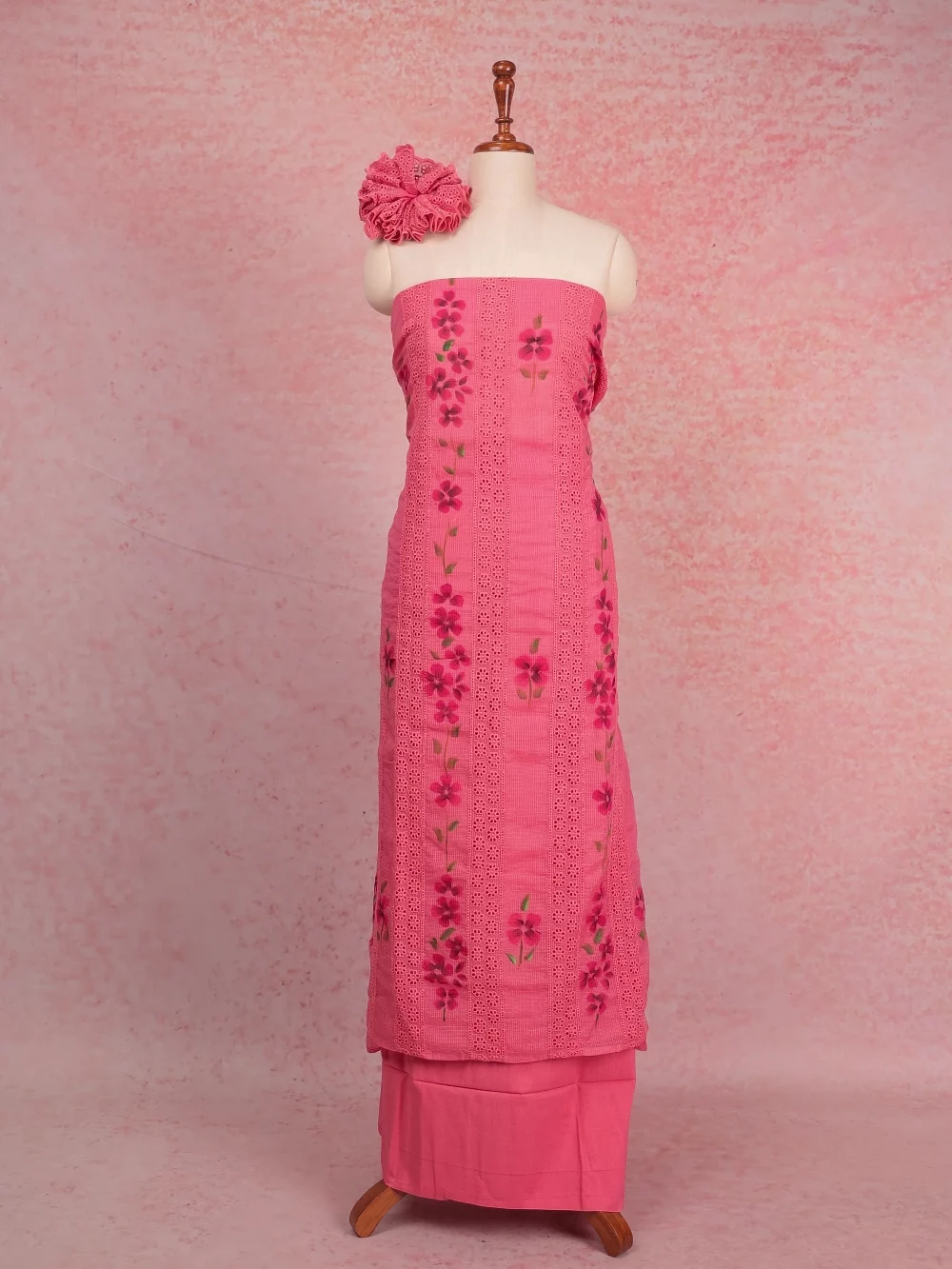 Pink Kota Cut Work Unstitched Churidhar Material