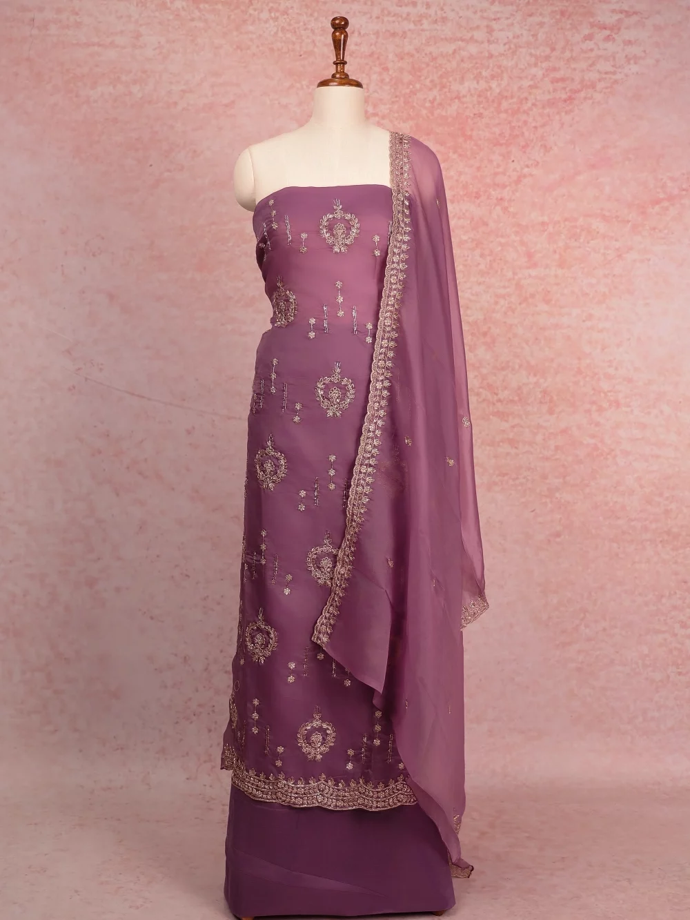 Onion Pink Organza Stone Work Unstitched Churidhar Material