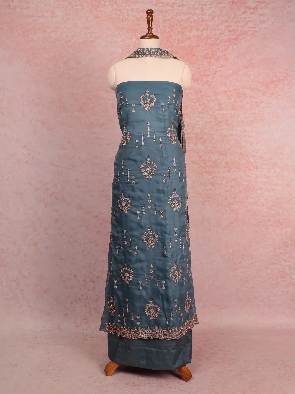 Powder Blue Organza Beads Work Unstitched Churidhar Material