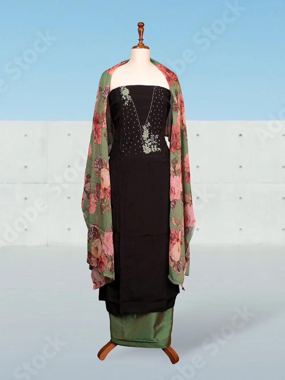 Black Semi Silk Beads Work Unstitched Churidhar Material