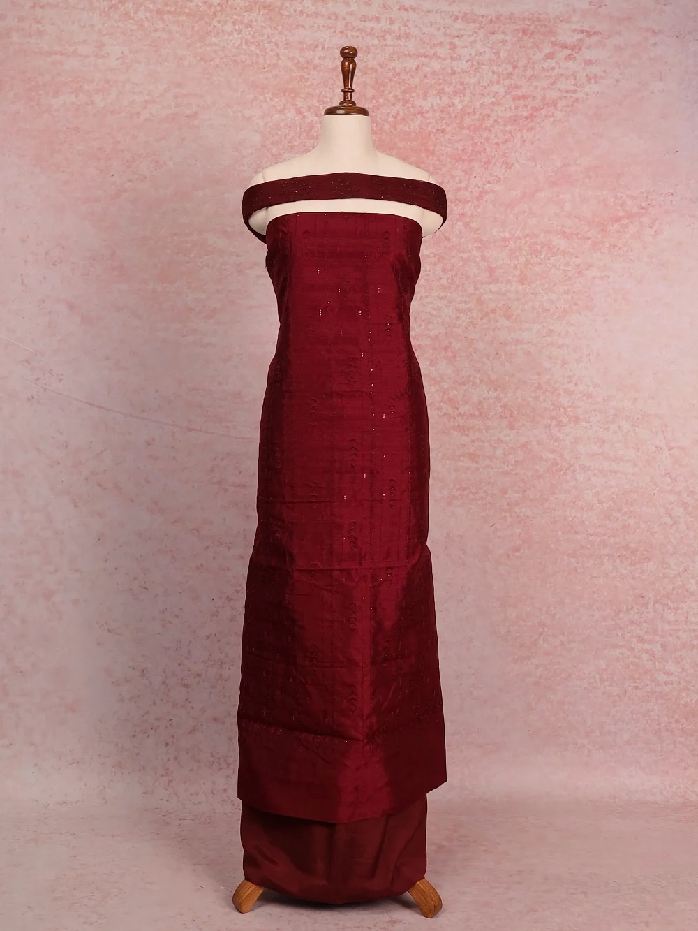 Maroon Semi Tussar Embroidary Unstitched Churidhar Material