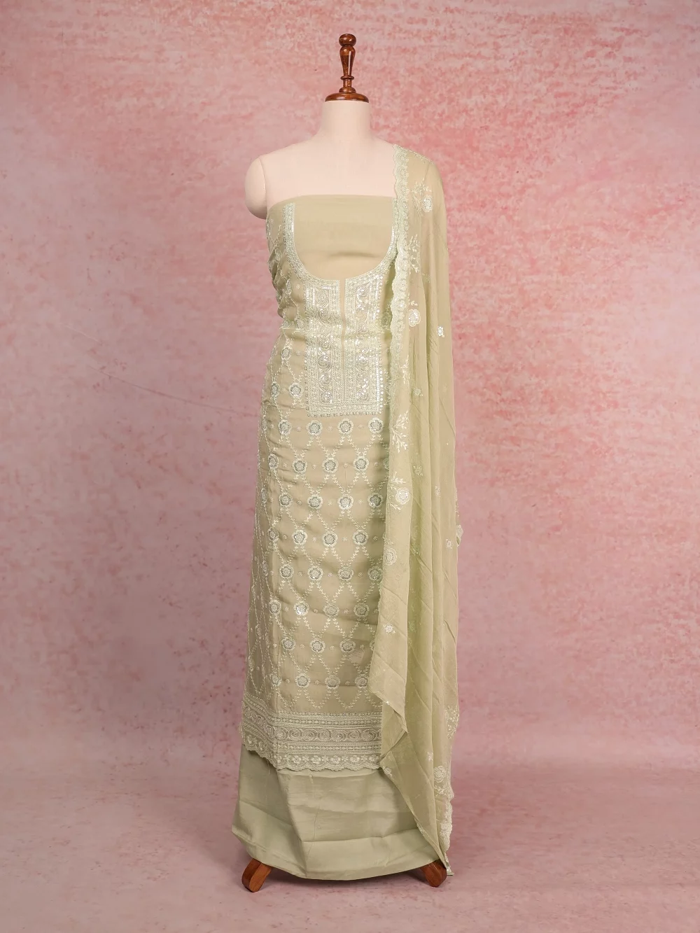 Light Green Organza Stone Work Unstitched Churidhar Material