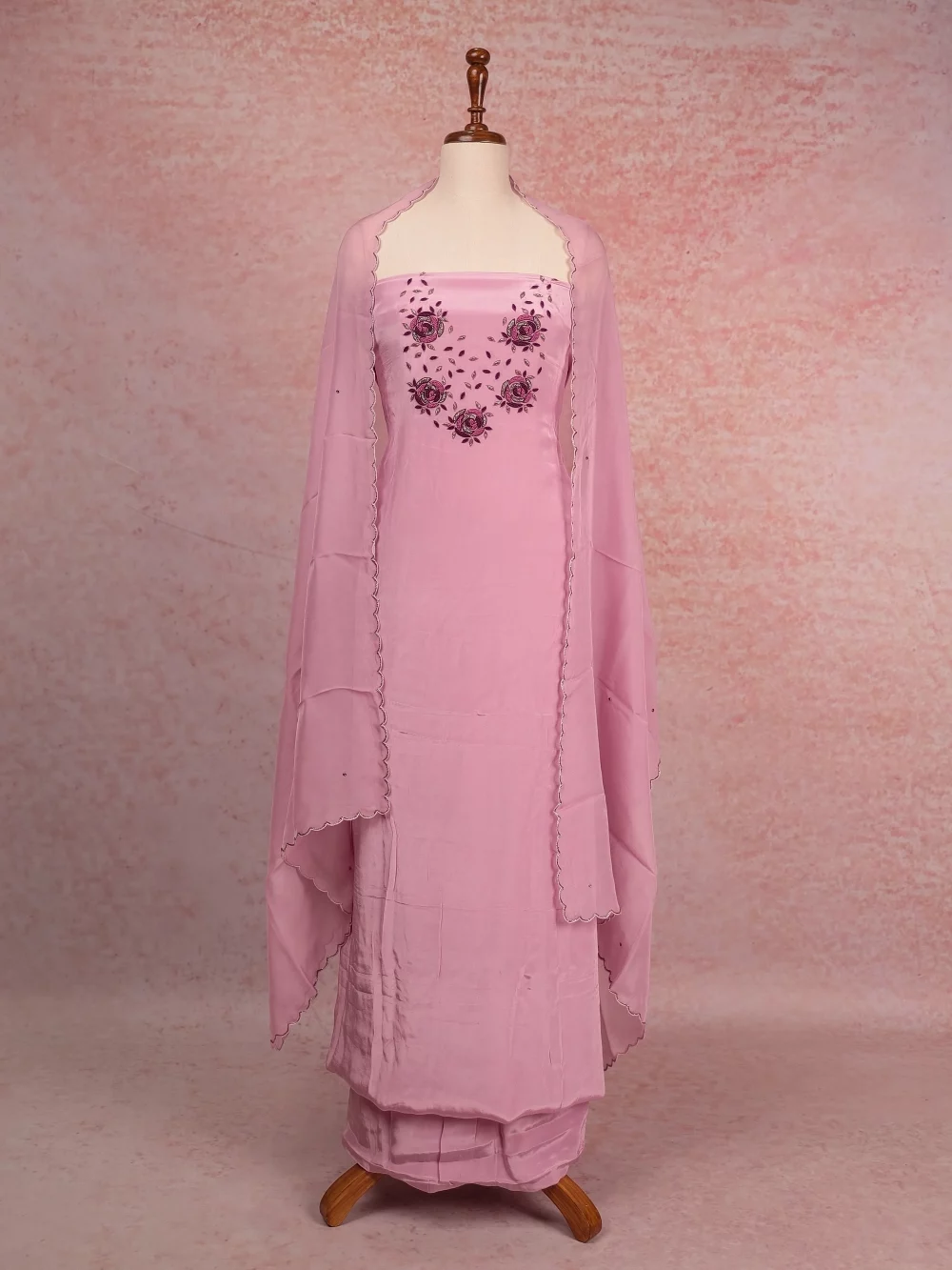 Pink Crepe Hand Work Unstitched Churidhar Material