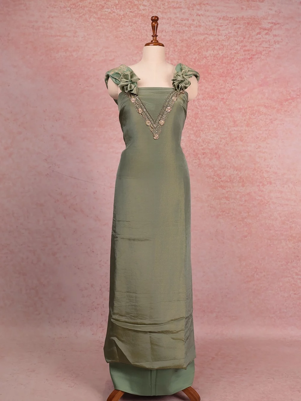 Green Tissue Beads Work Unstitched Churidhar Material