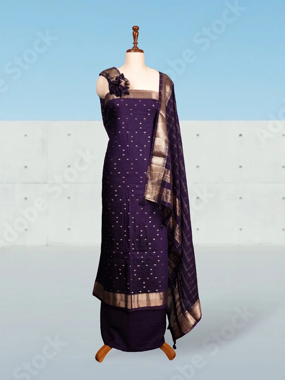 Navy Blue Semi Silk Banarasi Design Unstitched Churidhar Material