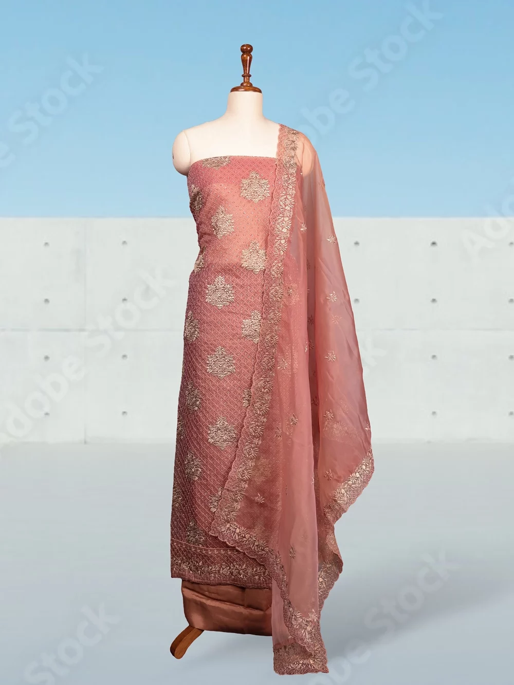 Onion Pink Organza Stone Work Unstitched Churidhar Material
