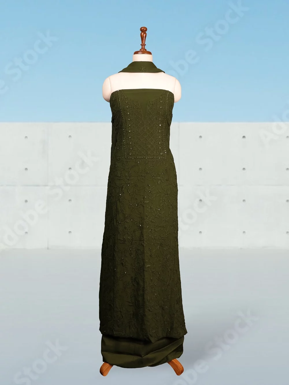 Green Georgette Chikankari Work Unstitched Churidhar Material