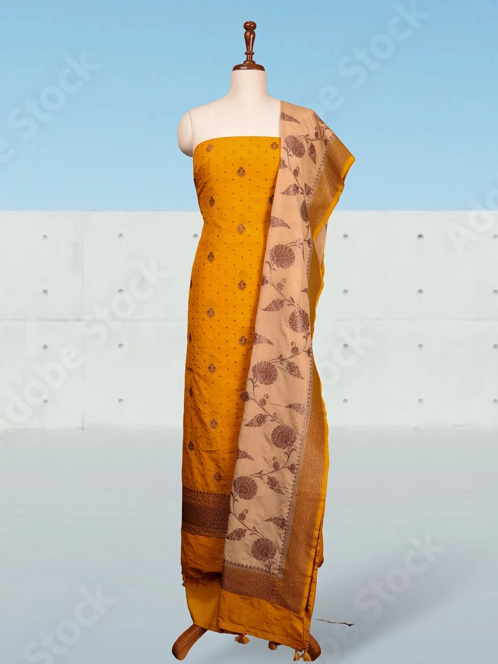 Mustard Yellow Silk Banarasi Design Unstitched Churidhar Material
