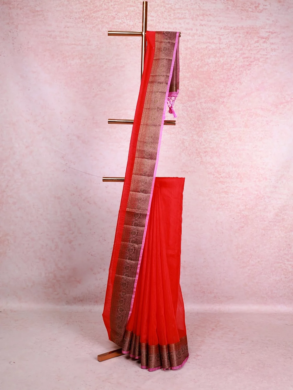Pinkish Red Semi Jute Saree