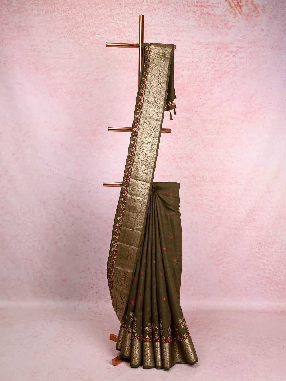 Dark Olive Green Semi Linen Saree