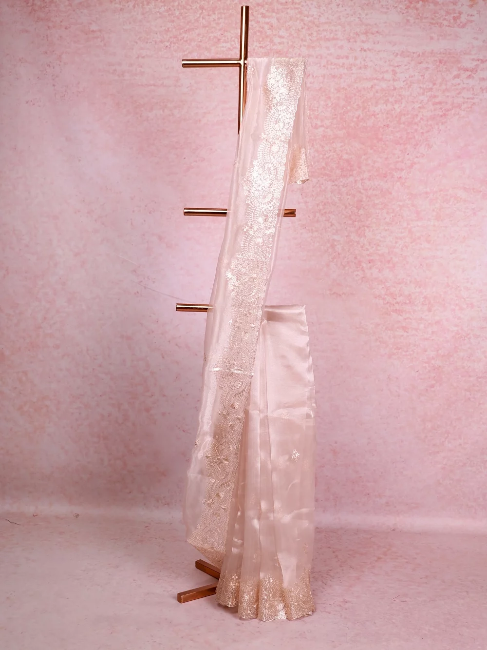 Beige Pink Glass Organza Saree