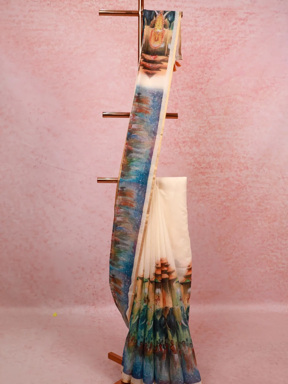 Off White Semi Linen Kerala Saree