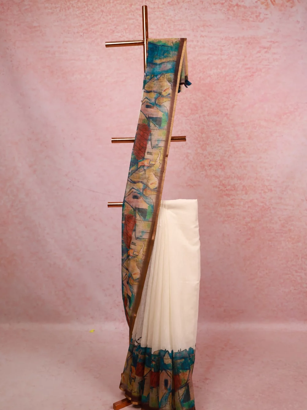 Off White Semi Linen Kerala Saree