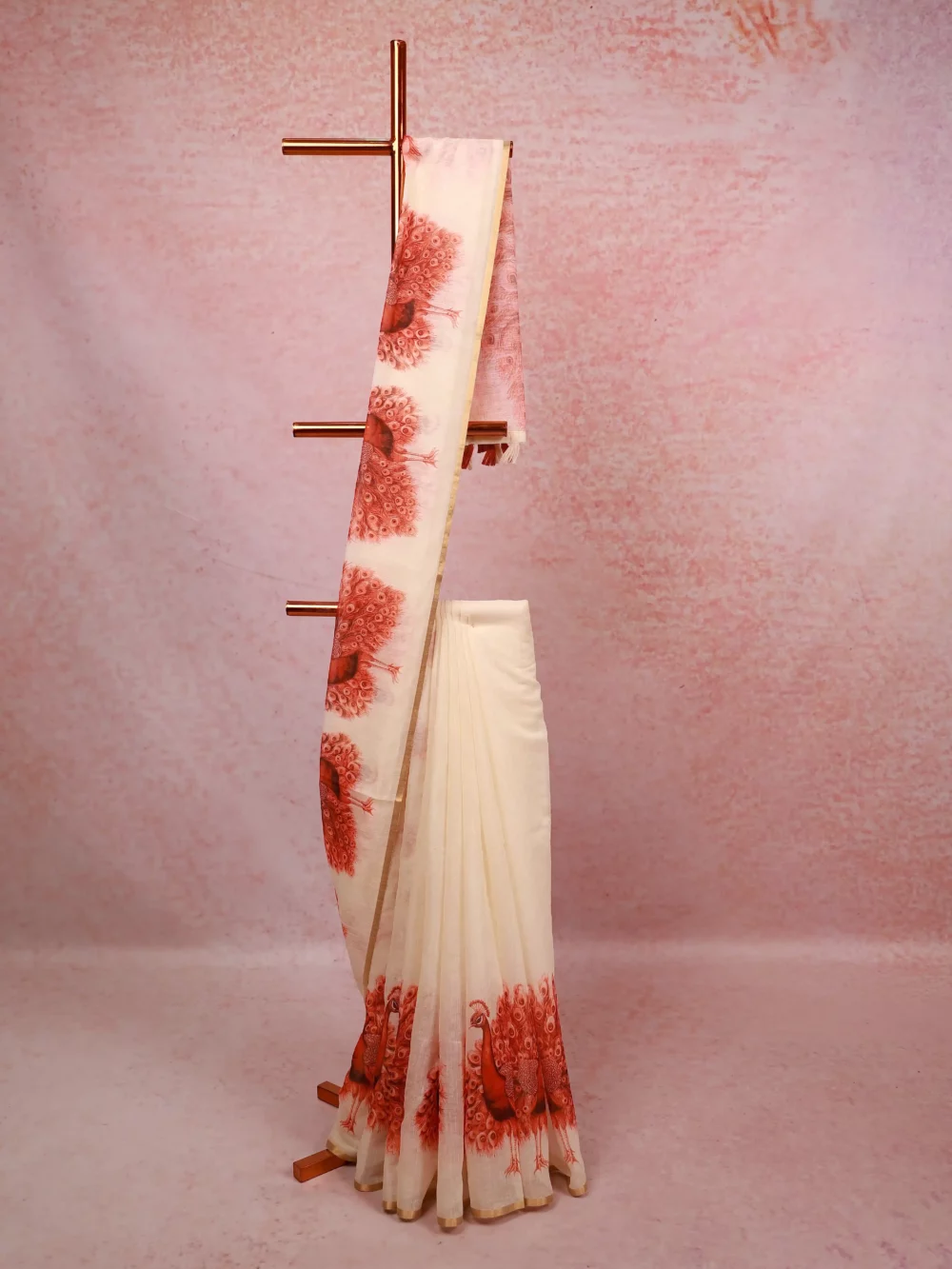 Off White Semi Linen Kerala Saree