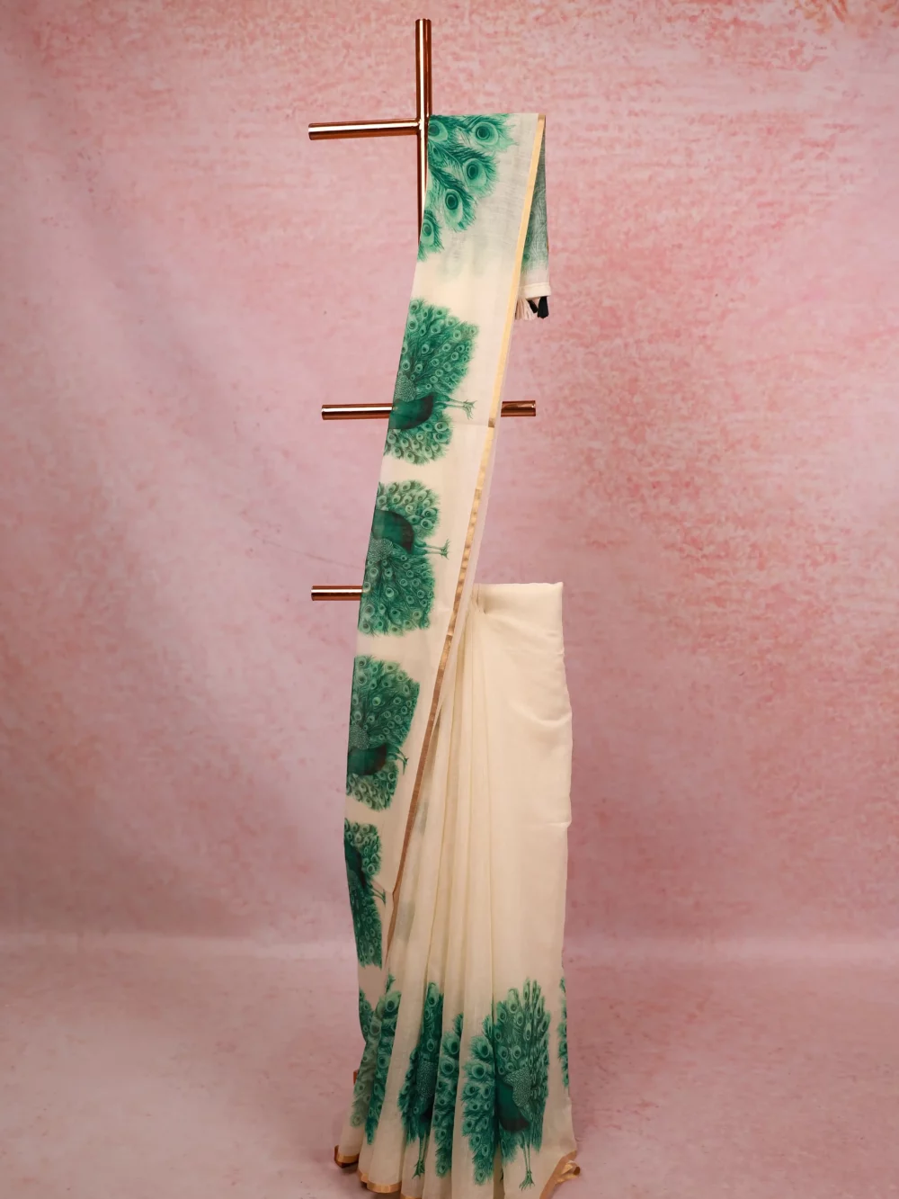 Off White Semi Linen Kerala Saree