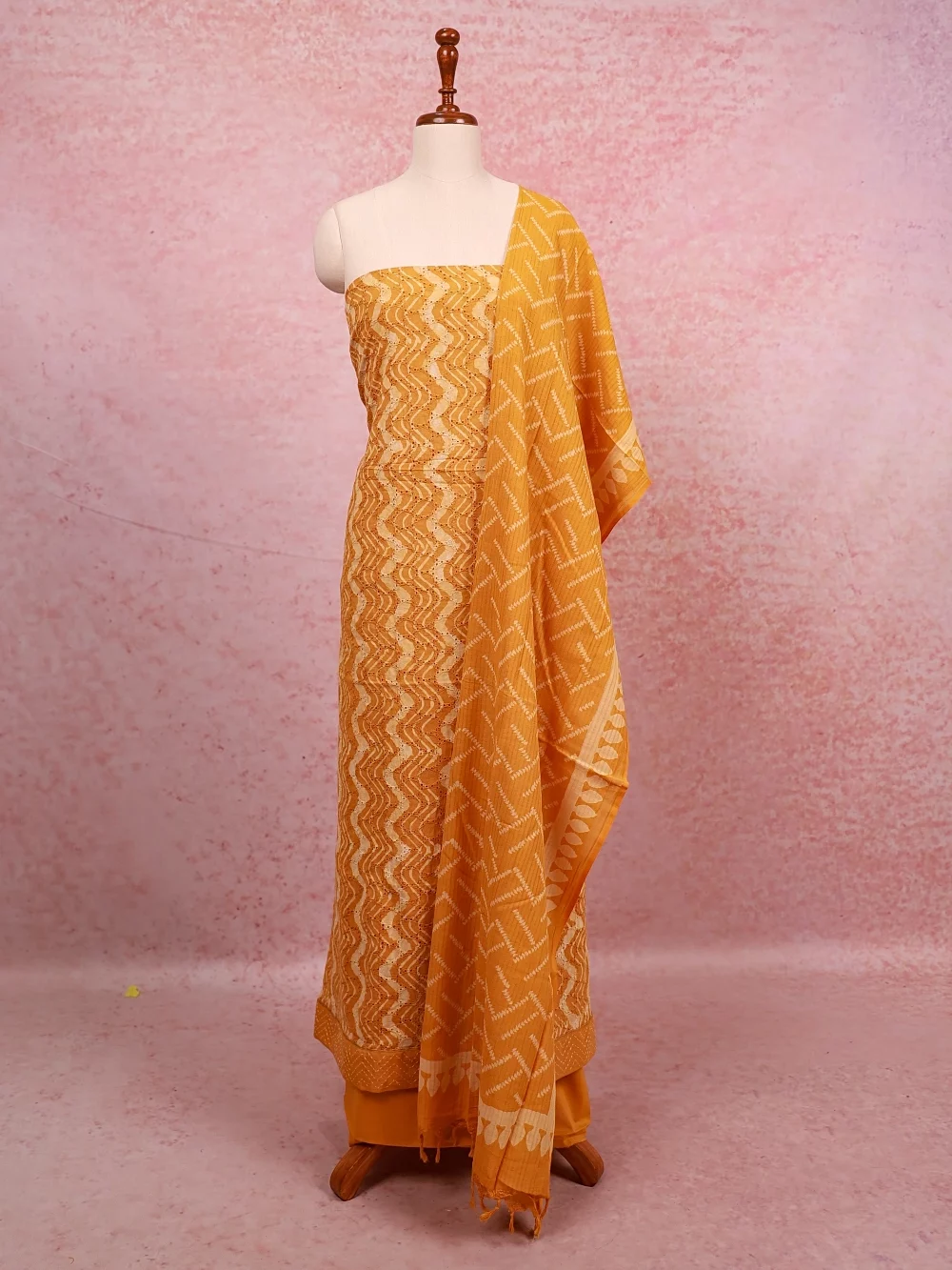 Bright Orange Hakoba Printed Unstitched Churidhar Material