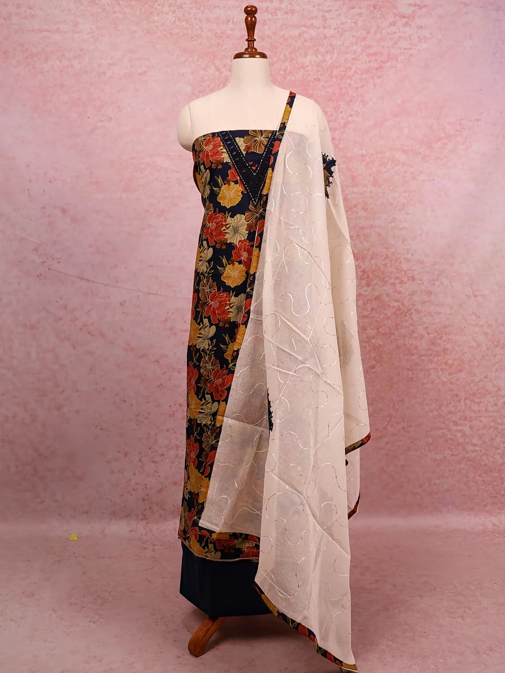 Navy Blue Cotton Floral Print Unstitched Churidhar Material