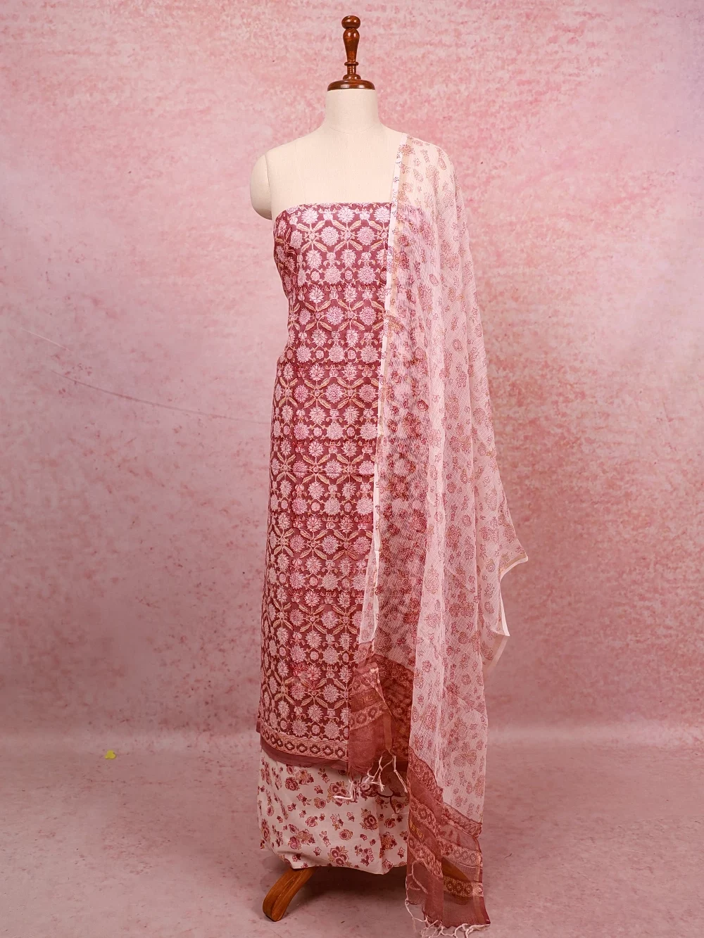 Brownish Pink Cotton Floral Print Unstitched Churidhar Material