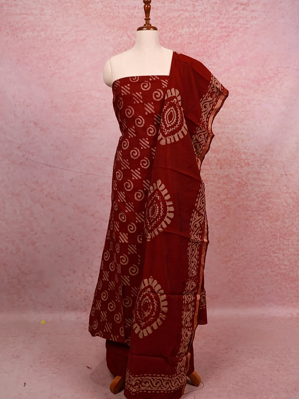 Wine Semi Chanderi Printed Unstitched Churidhar Material