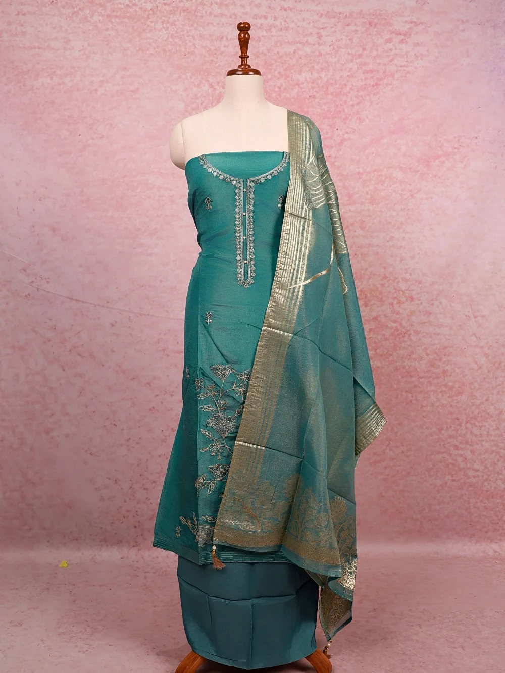 Ash Blue Semi Silk Zari Work Unstitched Churidhar Material