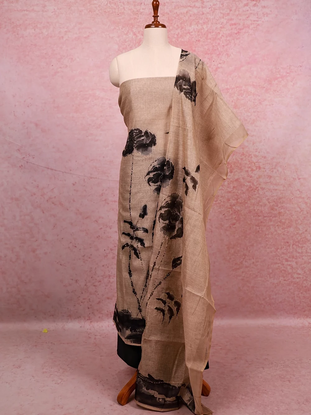 Cream Chanderi Printed Unstitched Churidhar Material