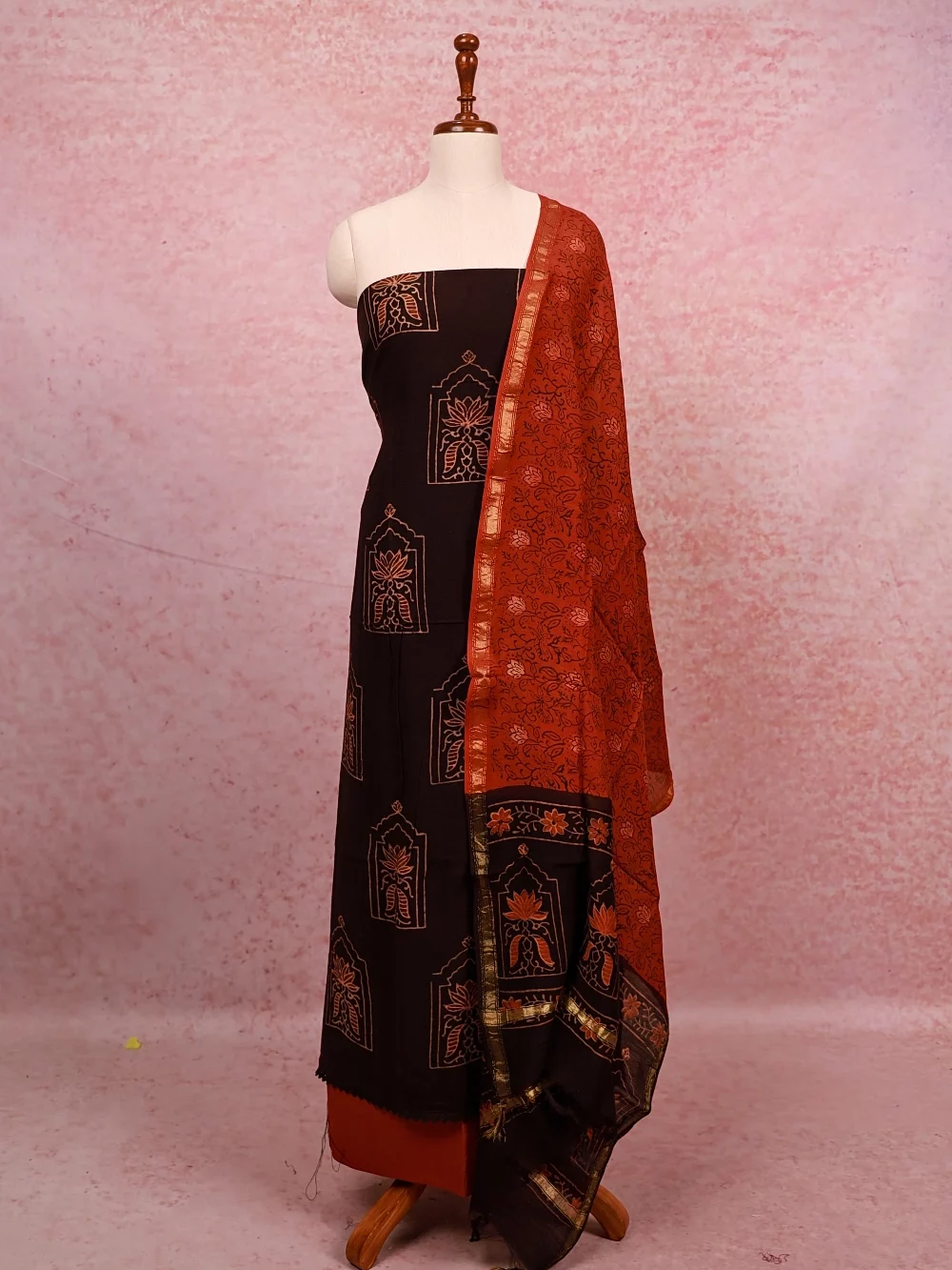 Dark Brown Cotton Printed Unstitched Churidhar Material