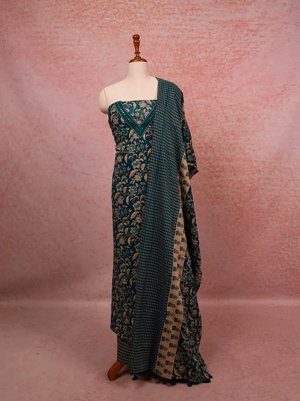 Peacock Blue Cotton Mirror Work Unstitched Churidhar Material