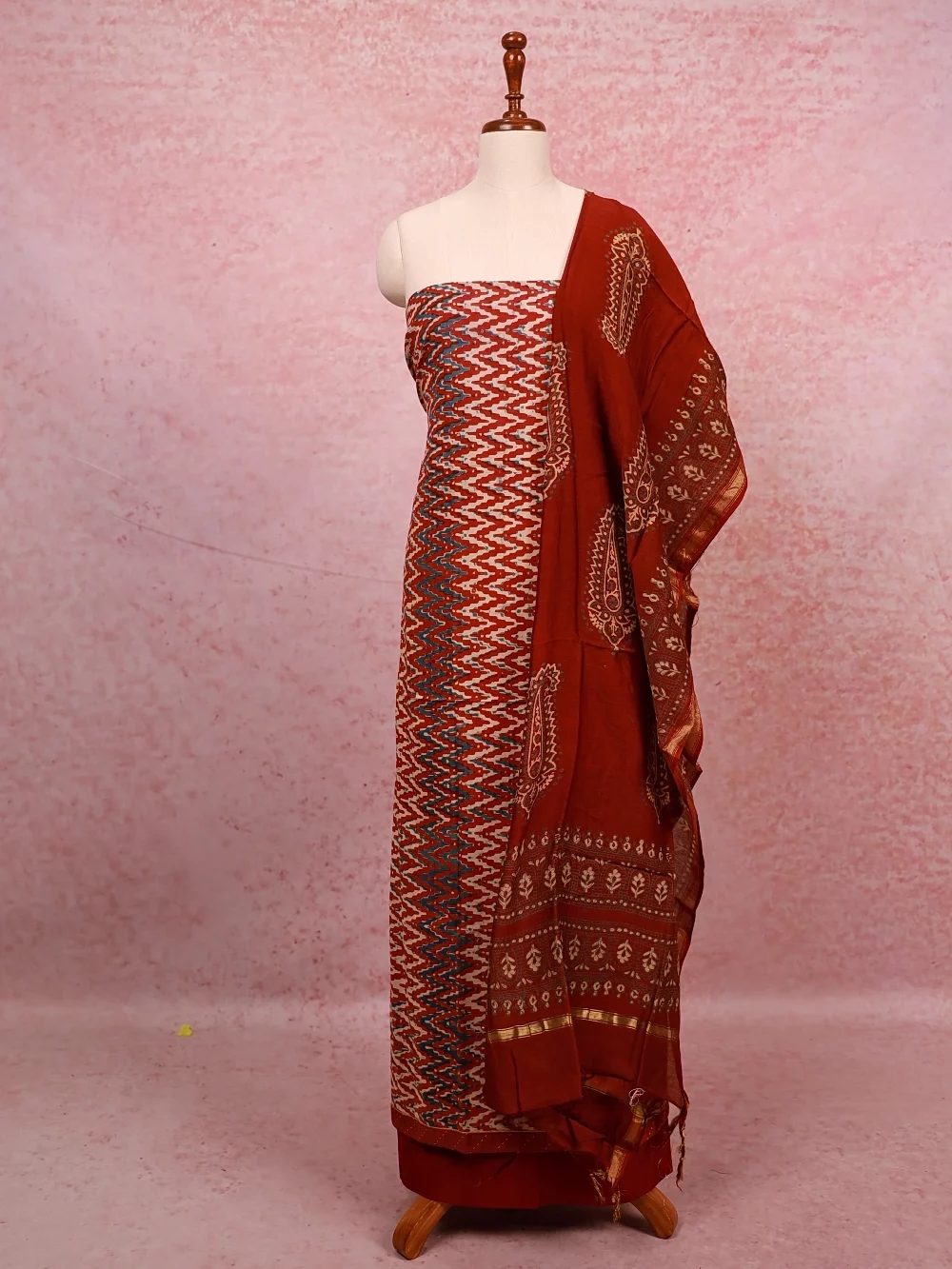 Brick Brown Cotton Zig Zag Unstitched Churidhar Material