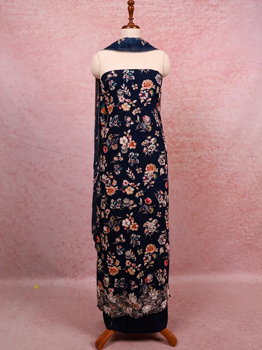 Blue Chanderi Floral Print Unstitched Churidhar Material