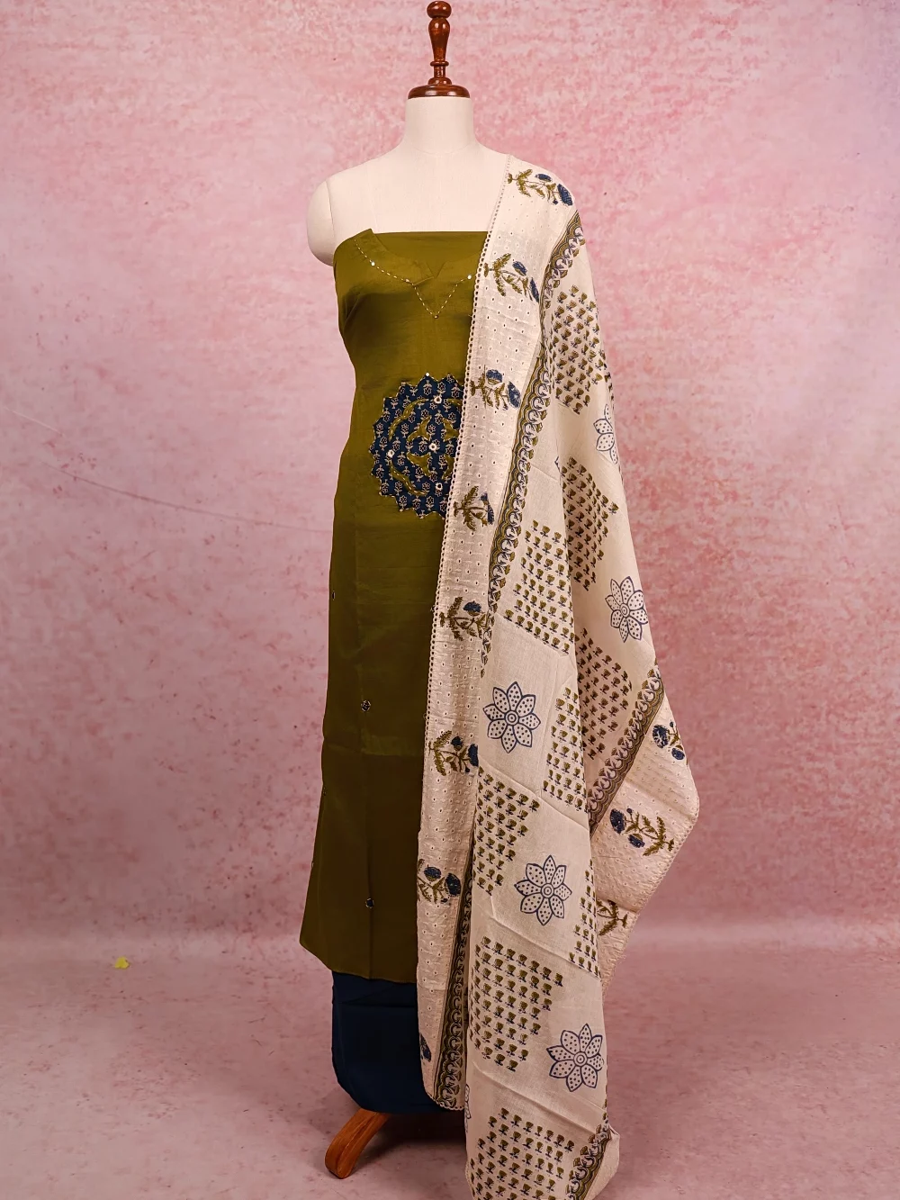 Mehandi Green Cotton Applic Work Unstitched Churidhar Material