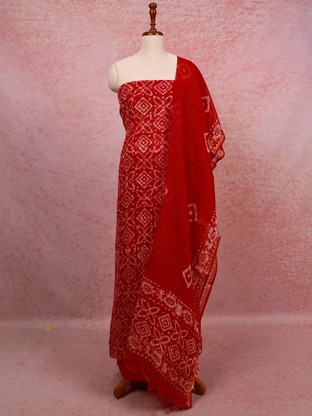 Red Net Kota Printed Unstitched Churidhar Material