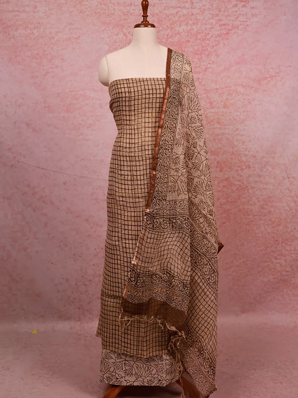 Cream Net Kota Check Unstitched Churidhar Material