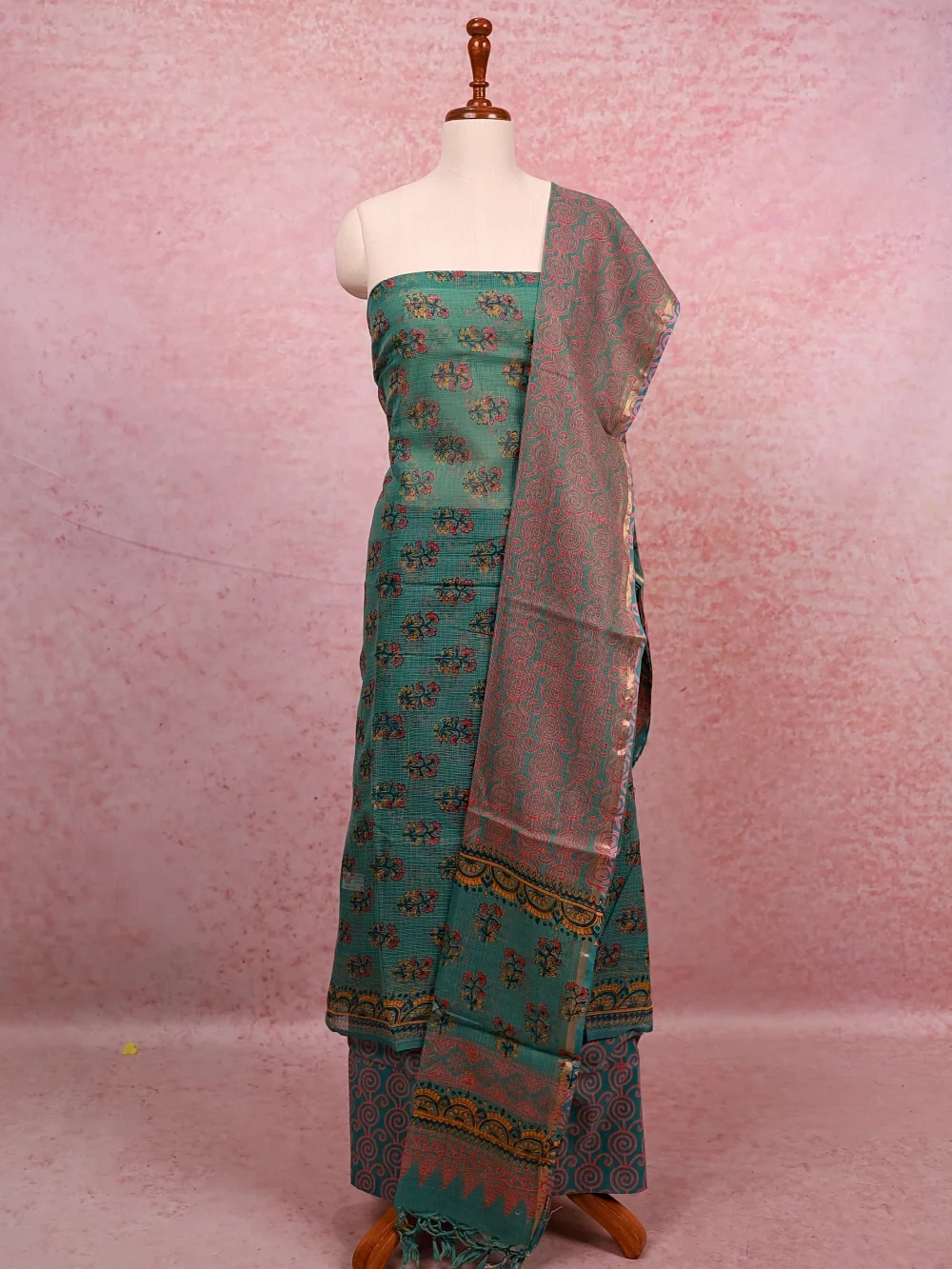Green Net Kota Printed Unstitched Churidhar Material