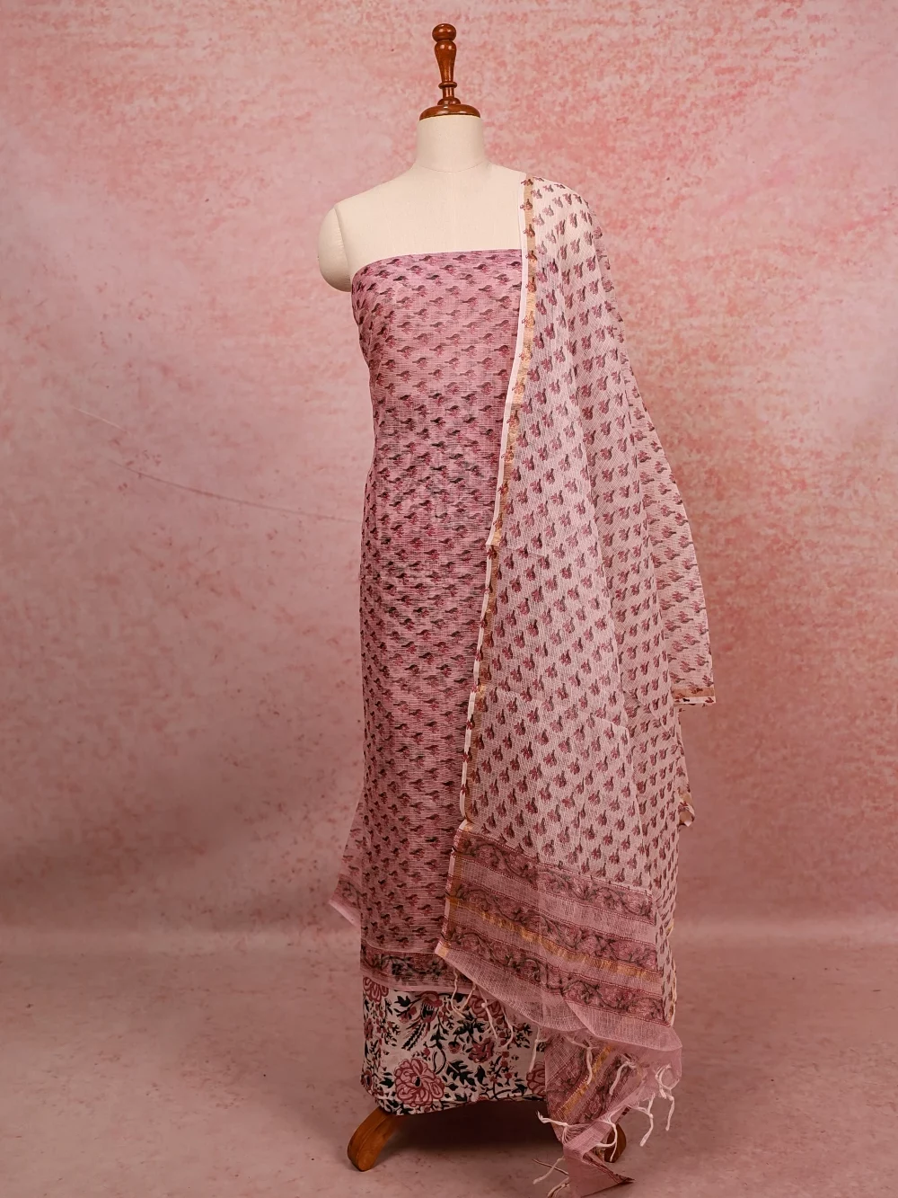 Lavender Pink Net Kota Printed Unstitched Churidhar Material