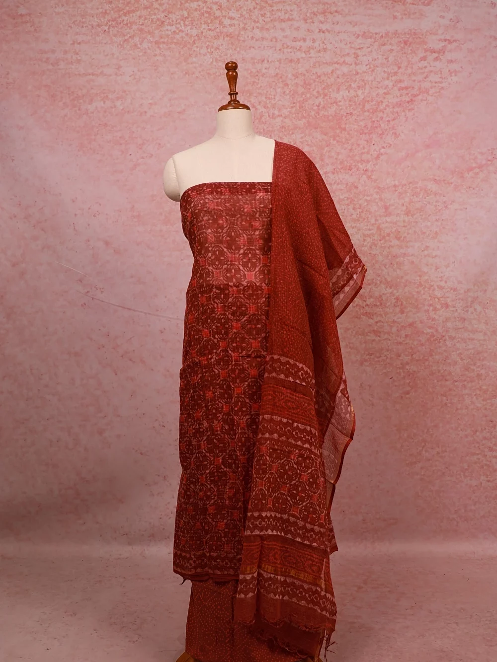 Brown Net Kota Printed Unstitched Churidhar Material
