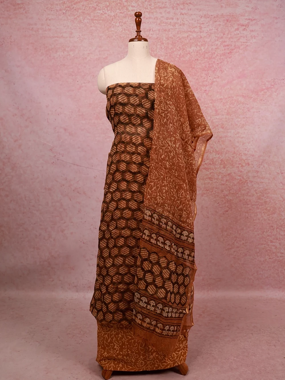 Light Brown Net Kota Printed Unstitched Churidhar Material