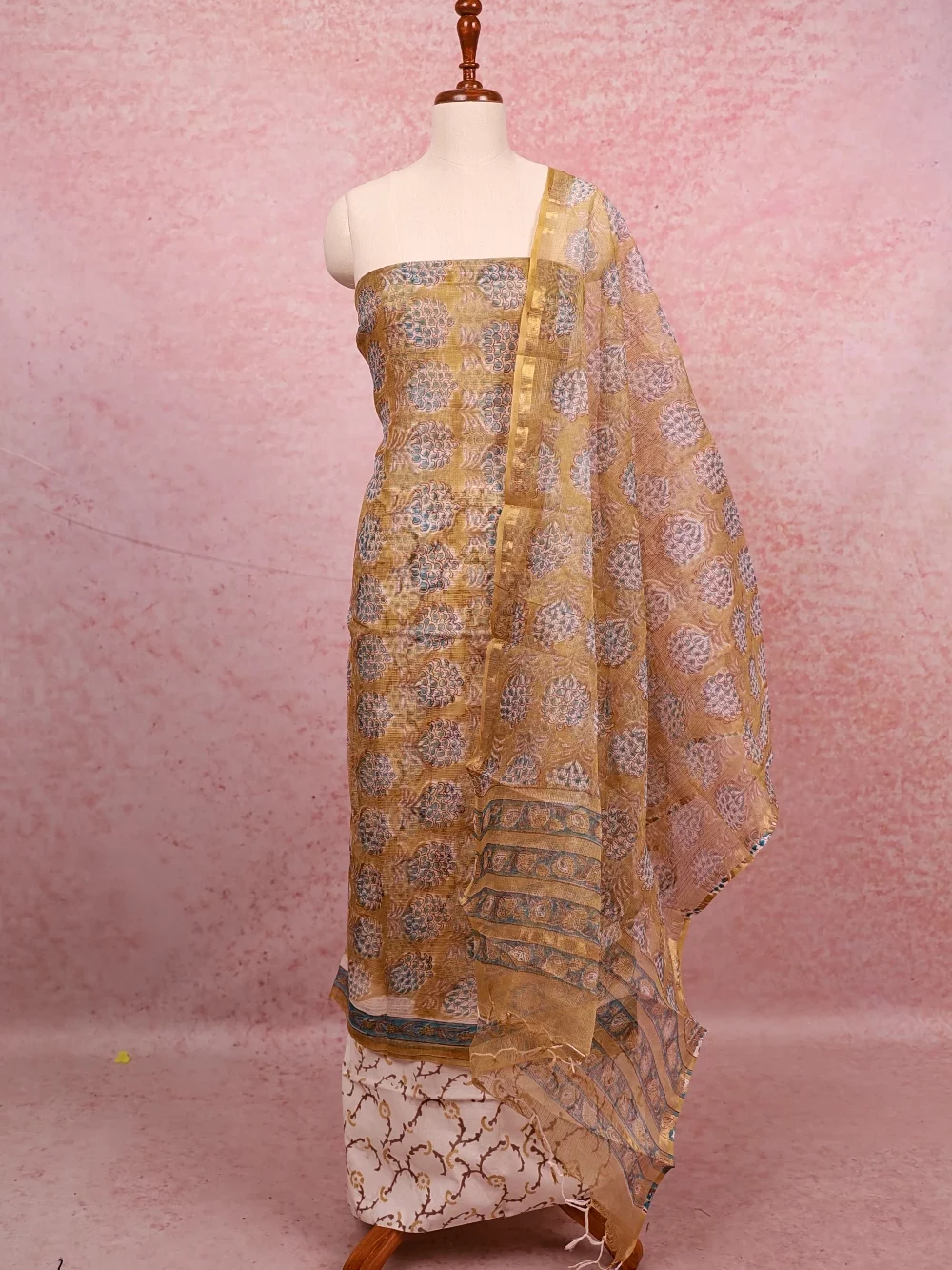 Olive Green Net Kota Printed Unstitched Churidhar Material