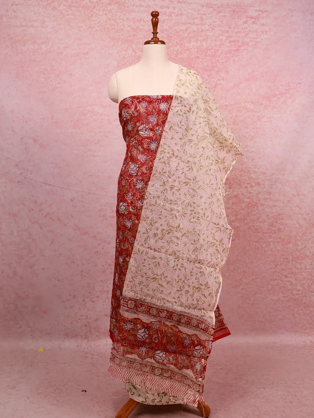 Red Net Kota Printed Unstitched Churidhar Material