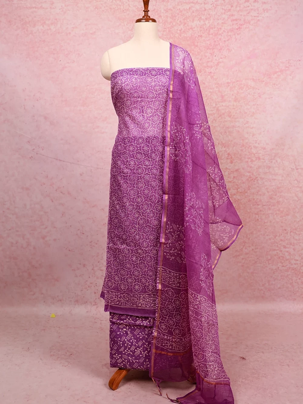 Lavender Net Kota Printed Unstitched Churidhar Material