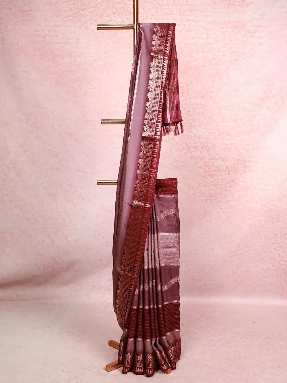 Lavender And Wine Semi Silk Saree