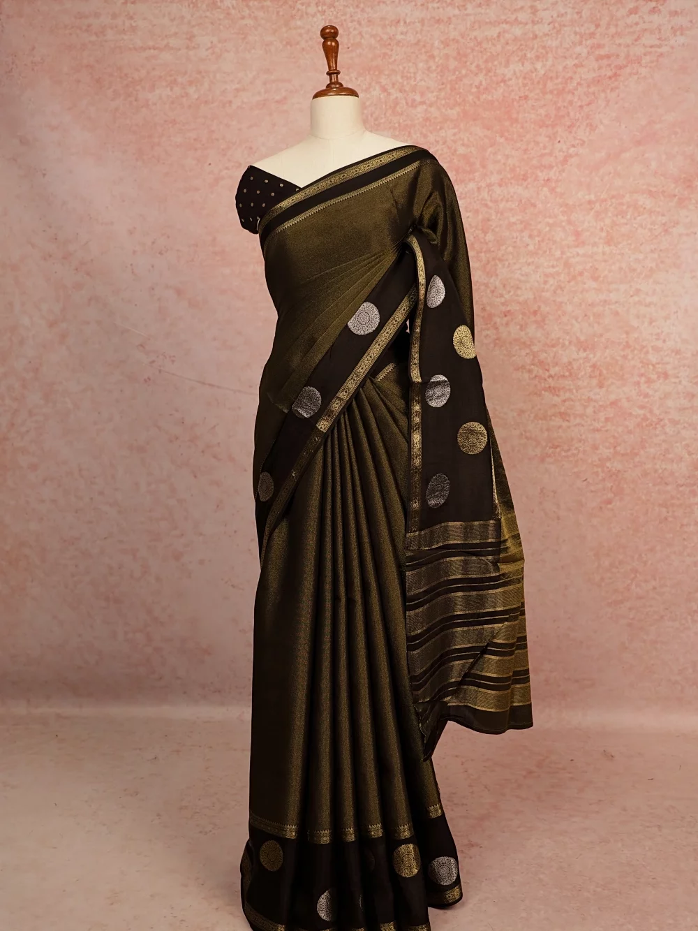 Golden Black Semi Banarasi Saree