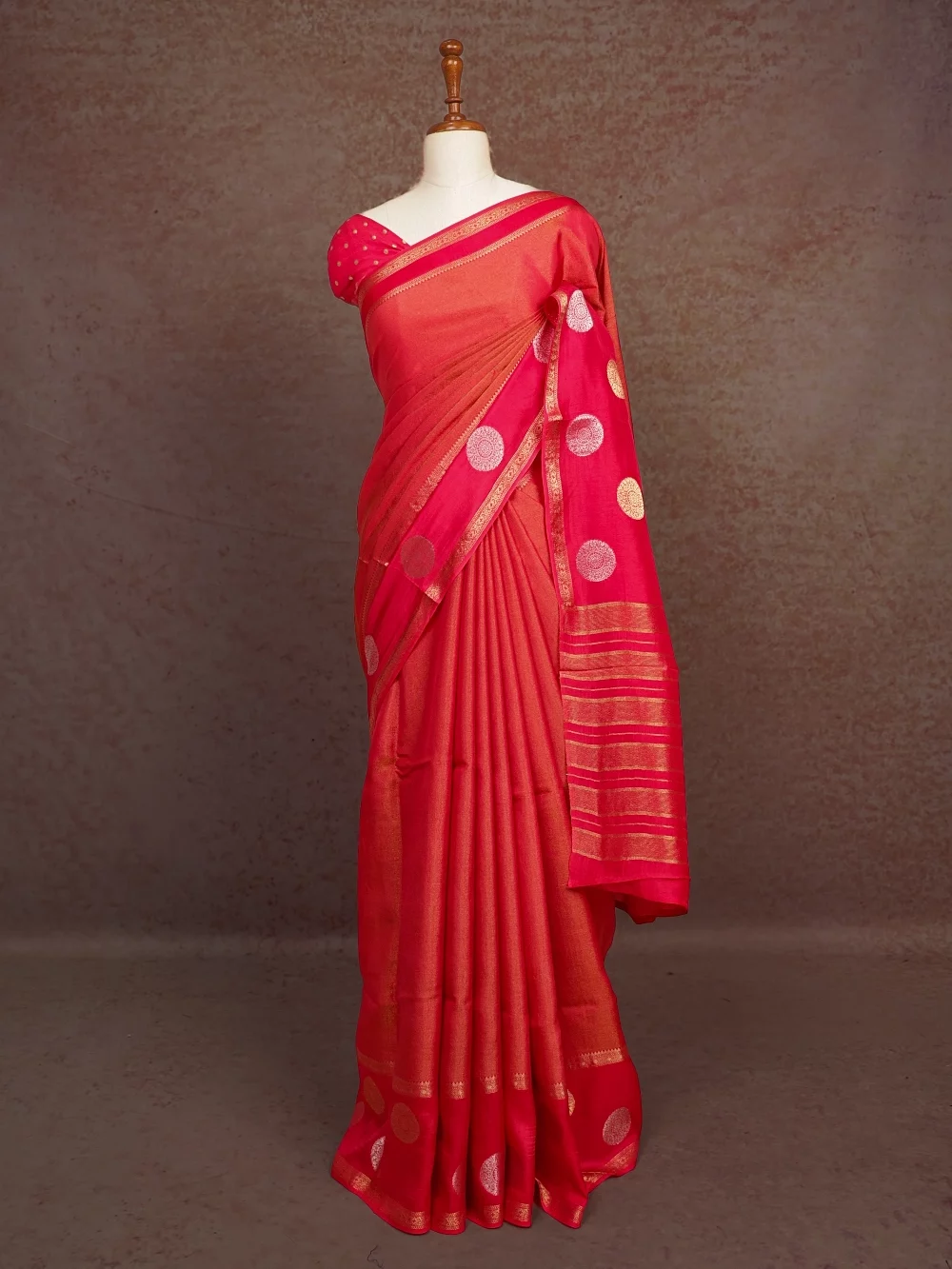 Reddish Pink Semi Banarasi Saree