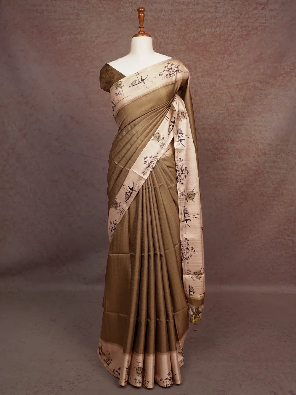 Mehandi Green Semi Tussar Saree
