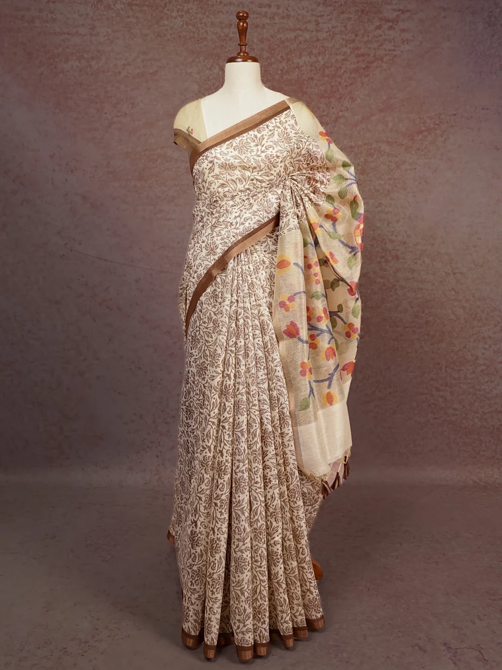Cream Chanderi Silk Saree