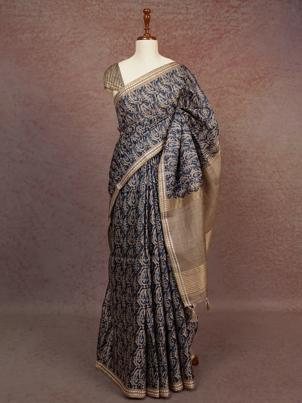 Indigo Blue Tussar Jute Saree
