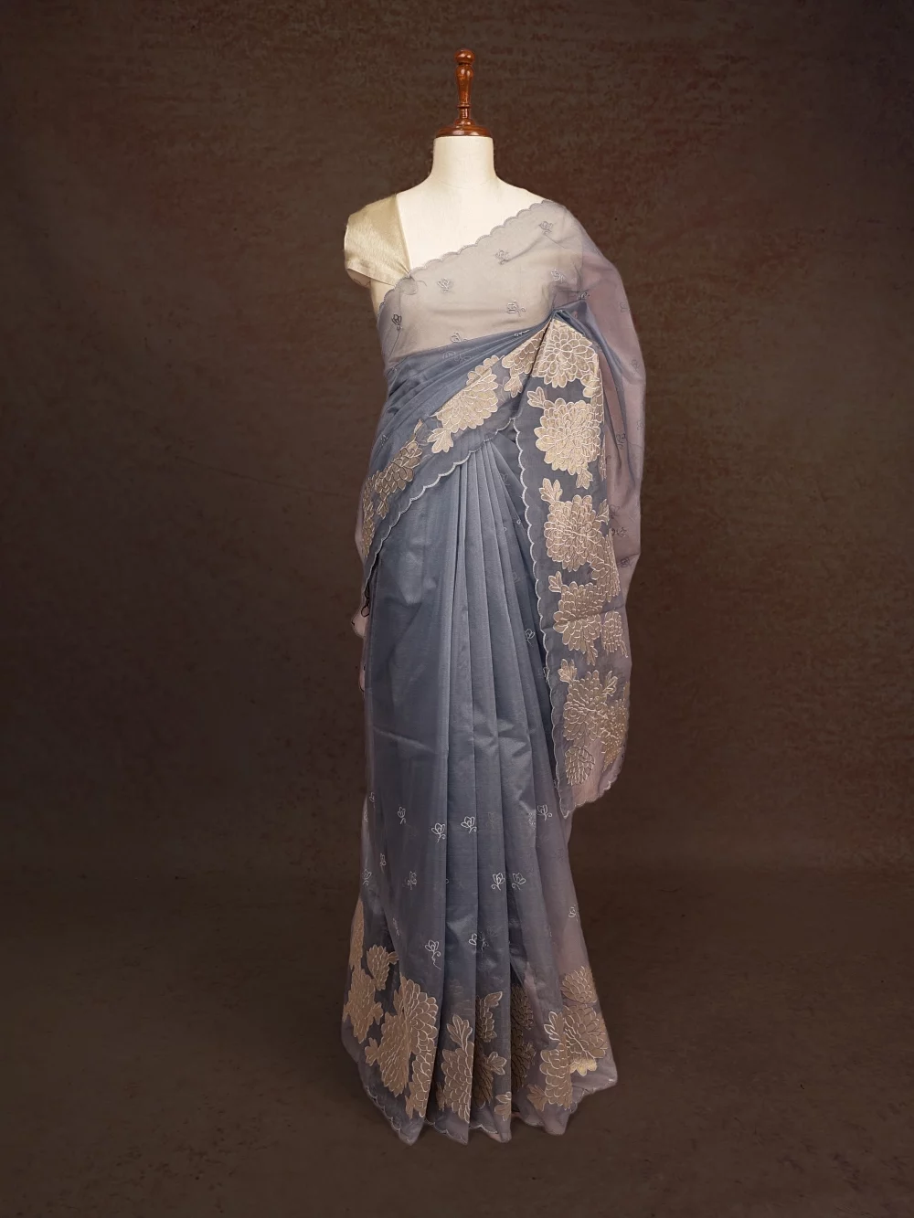 Blueish Ash Organza Saree